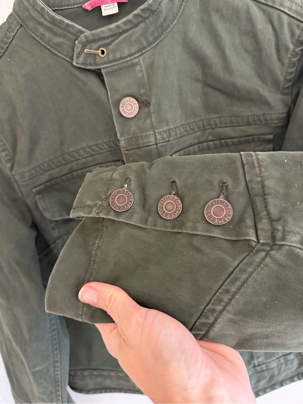 Vintage Tommy Hilfiger Olive Military Utility Jacket Y2K Zip Sleeve Size 12 - Picture 3 of 7